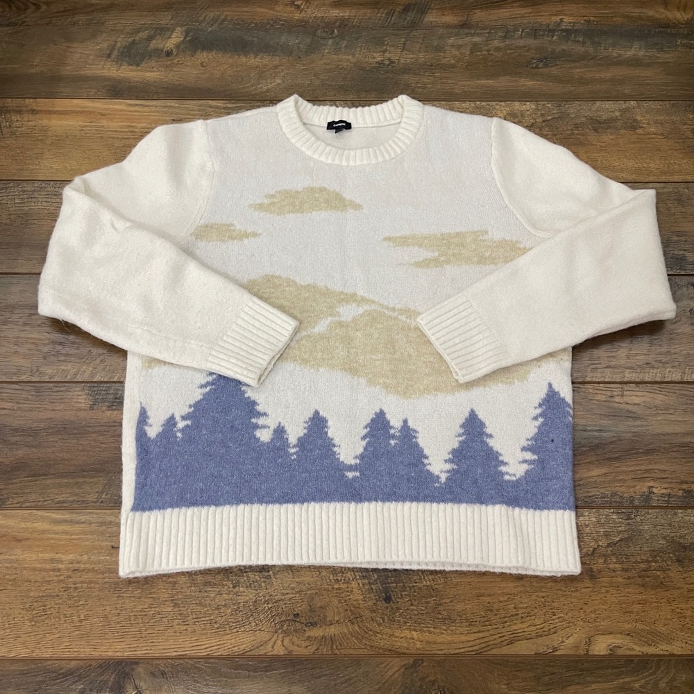 Express Conscious Edit Mens Medium Scenic Pine Tree Cloud Intarsia Sweater Cream